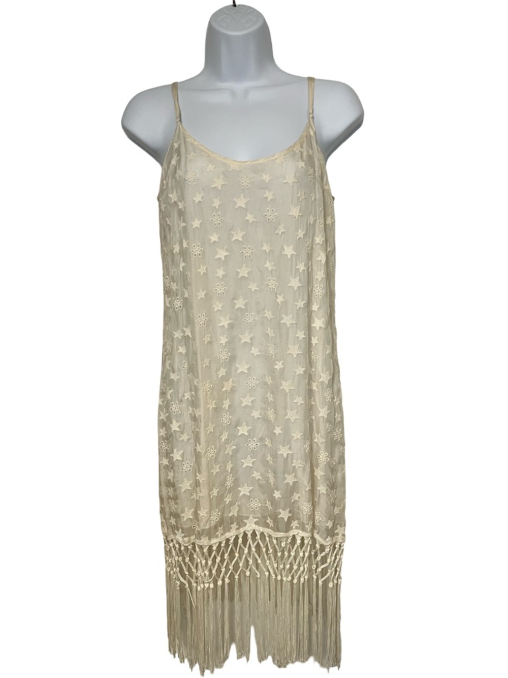 Star-Embroidered Beige Fringe Slip Dress